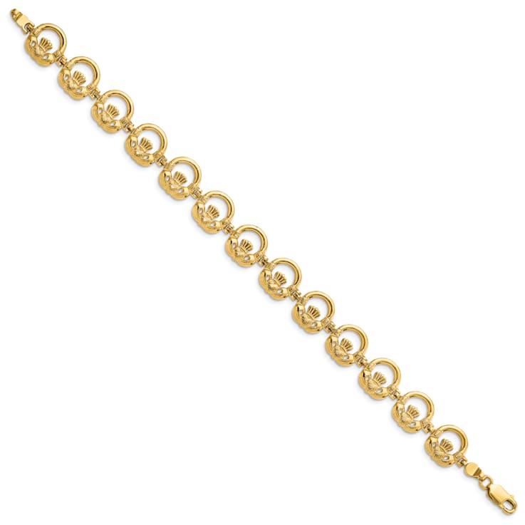14k Yellow Gold Textured Claddagh Circle Horizontal Link Bracelet
