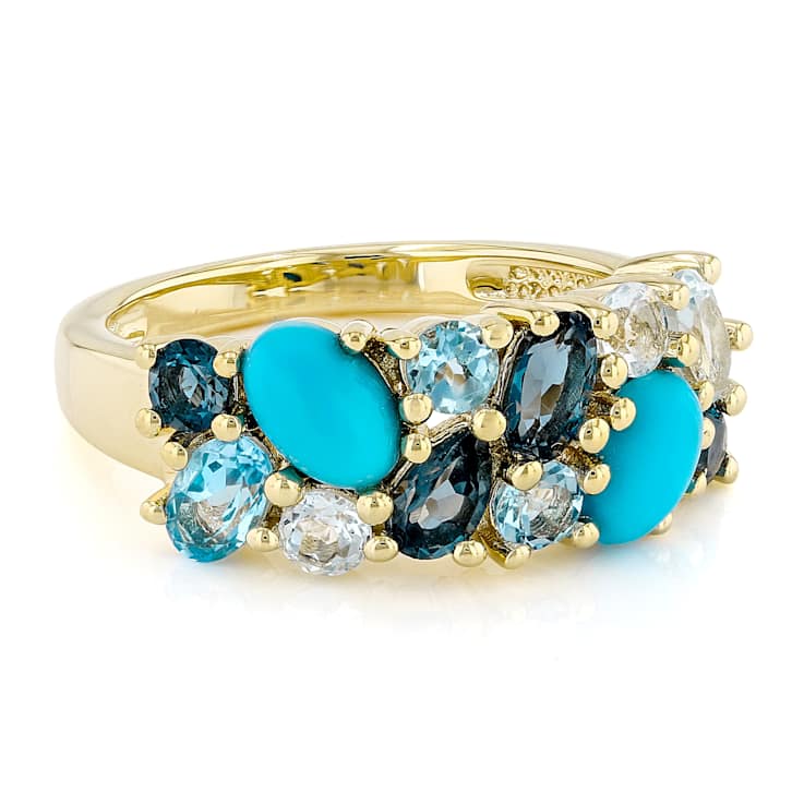 Turquoise And Multi-Blue Gemstone Ring In 18K Gold Over Sterling Silver 1.66ctw