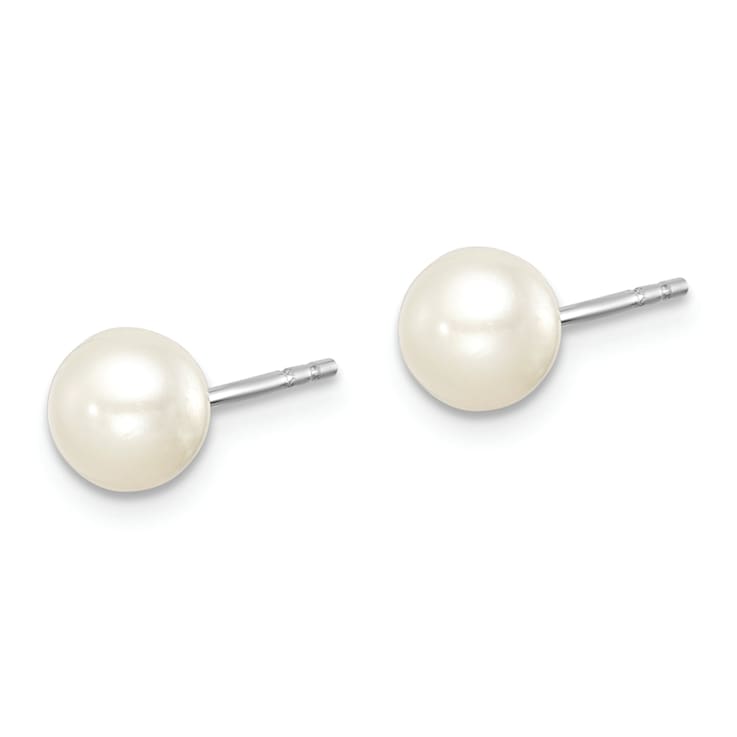 Rhodium Over Sterling Silver 5-6mm White Round FWC Pearl Stud Earrings