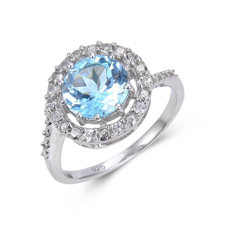 Blue and White Topaz Sterling Silver Halo Ring, 2.94ctw