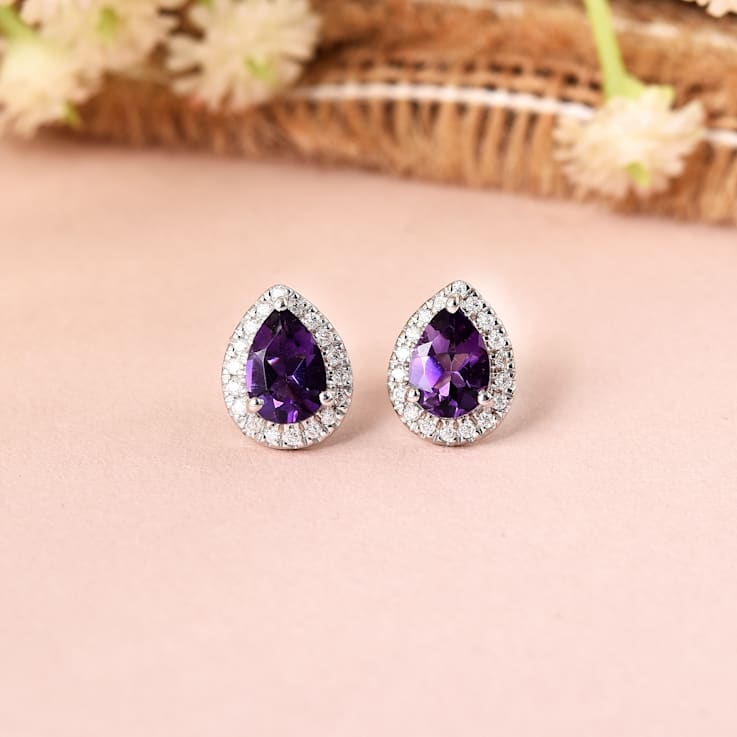 Purple Amethyst Pear Shape Stud Earrings with Moissanite Rhodium Over
Sterling Silver Earring