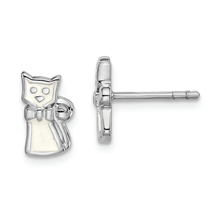 Rhodium Over Sterling Silver White Enamel Cat Children's Post Earrings