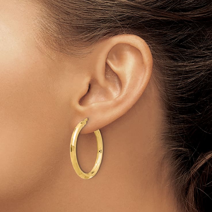 14k Yellow Gold 1 5/16" Polished and Diamond-cut Hoop Earrings