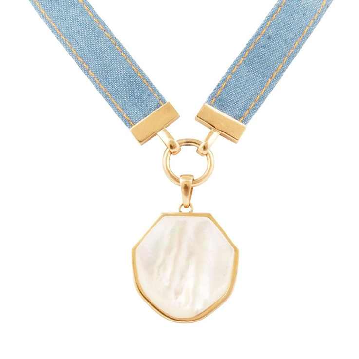 Barse Jewelry Blue Denim Dreams White Mother of Pearl Ribbon Golden
Pendant Necklace