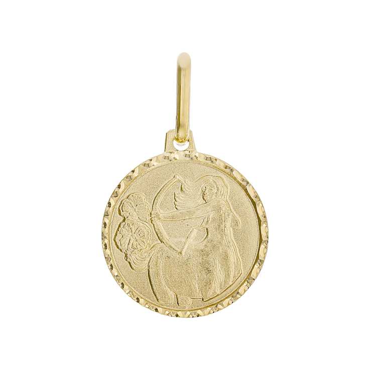 Sagittarius Zodiac Medallion Pendant In Solid 14K Yellow Gold