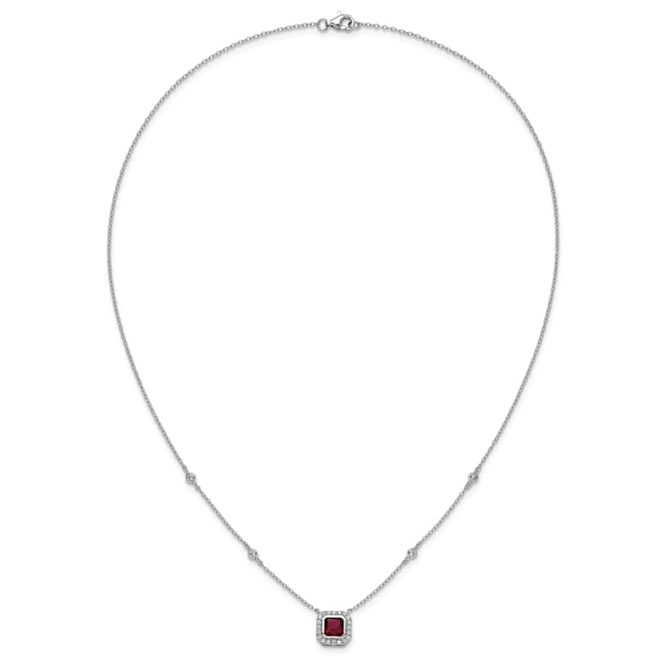 Rhodium Over Sterling Silver Fancy Created Ruby and Cubic Zirconia Necklace