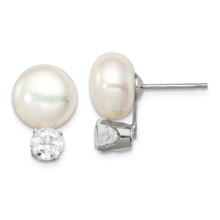Sterling Silver 10-11mm Freshwater Cultured Button Pearl with White
Topaz Earrings