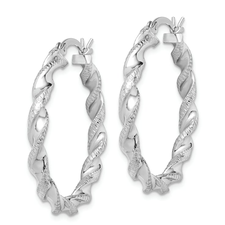 Rhodium Over Sterling Silver Twisted 3.5x30mm Hoop Earrings