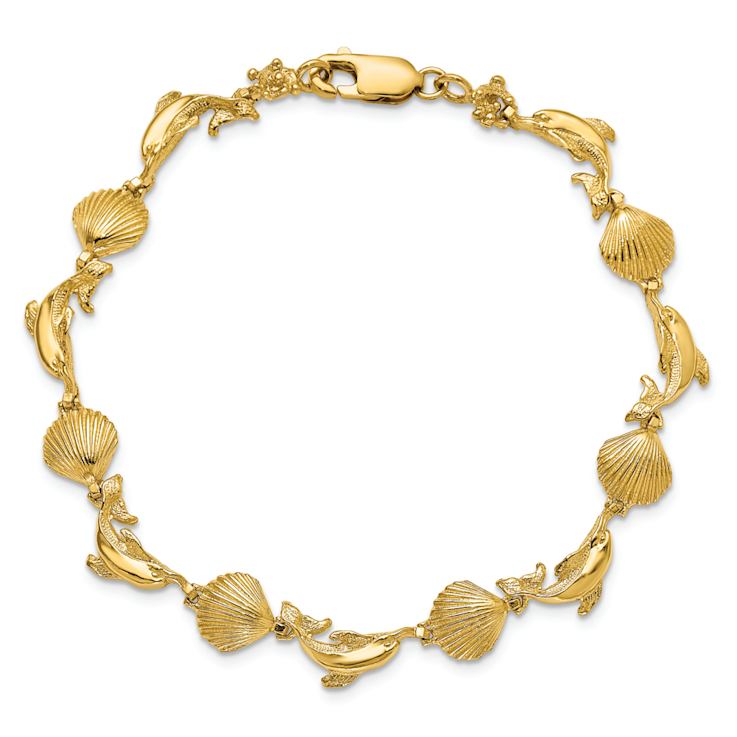 14k Yellow Gold Textured Dolphin and Shell Link Bracelet