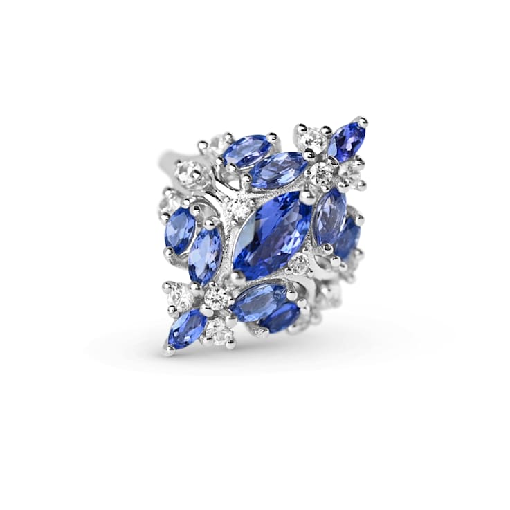 Rhodium Over Sterling Silver Marquise Tanzanite and White Zircon Ring 2.91ctw