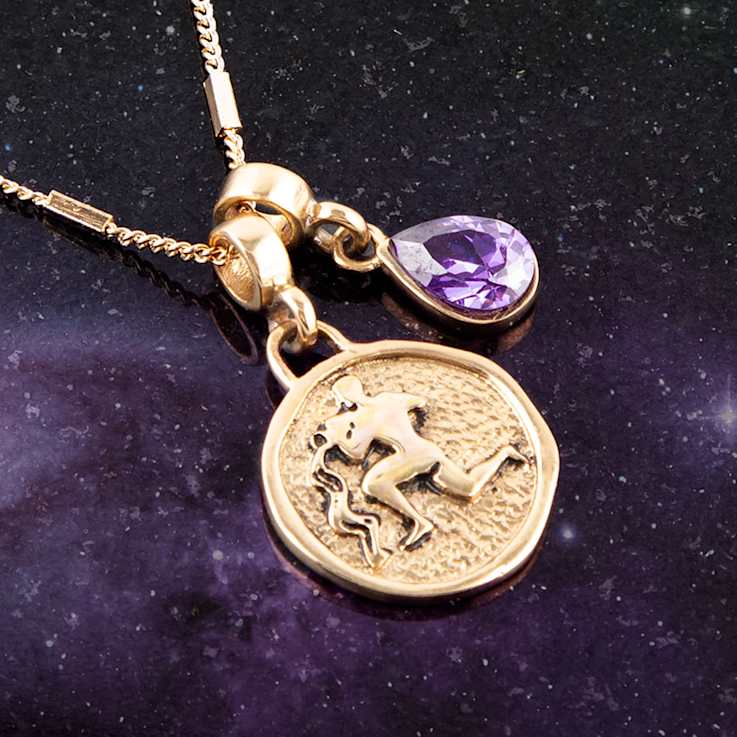 Barse Amethyst Aquarius Charm Necklace In Bronze