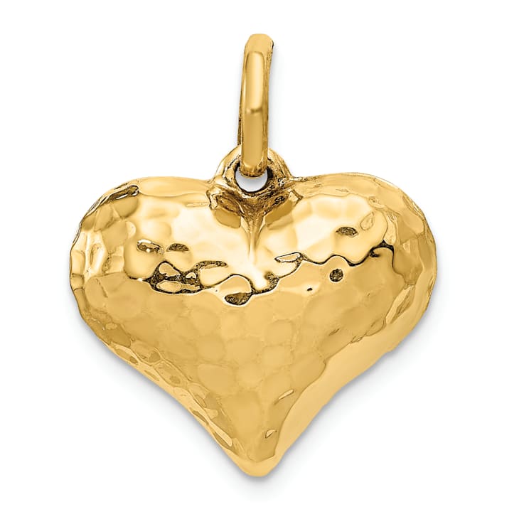 14k Yellow Gold Polished and Hammered 3D Heart Pendant