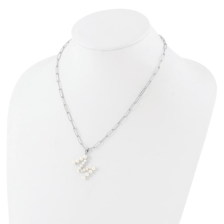 Rhodium Over Sterling Silver 3-5.5mm Freshwater Cultured Pearl LETTER M
18-inch Necklace