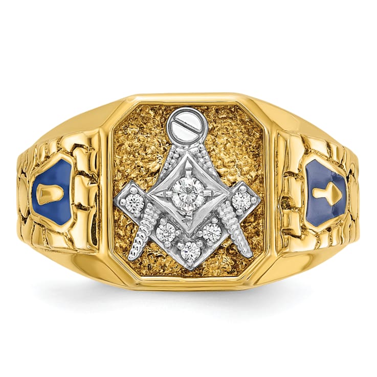 10K Two-tone Yellow and White Gold Textured and Enamel Diamond Blue
Lodge Masonic Ring 0.1ctw