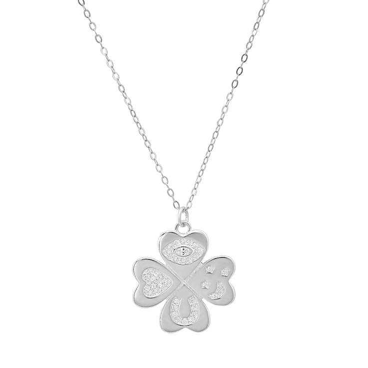 White Cubic Zirconia Rhodium Over Sterling Silver Clover Pendant 0.22ctw