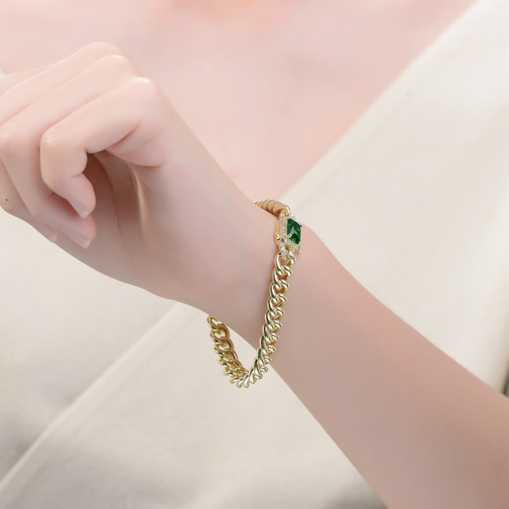 Green Color Cubic Zirconia, 14k Gold Plated over Sterling Silver Curb
Chain Bracelet