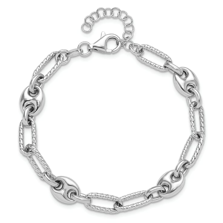 Rhodium Over Sterling Silver 7-inch with 1-inch Extension Fancy Link Bracelet