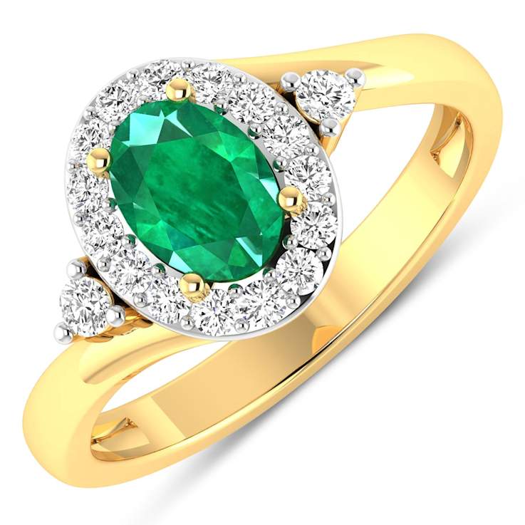0.83ctw Green Emerald and Diamond 14K Yellow Gold Halo Ring