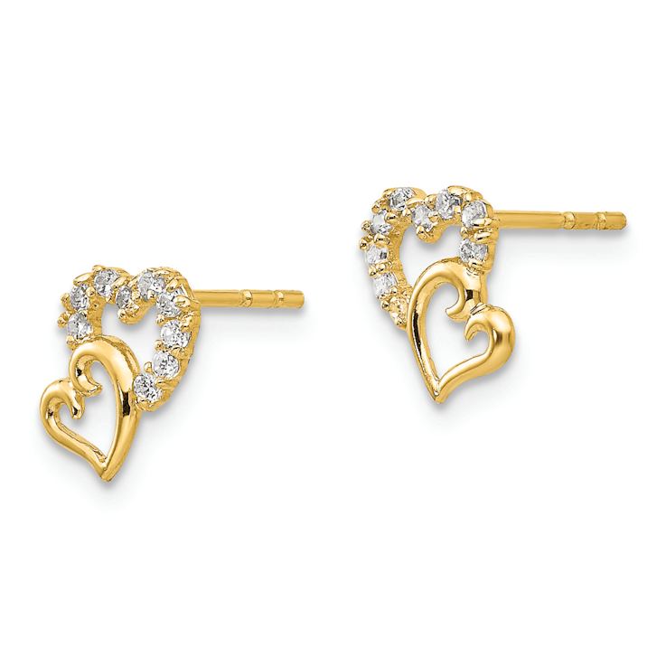 14k Yellow Gold Children's Cubic Zirconia Double Heart Stud Earrings