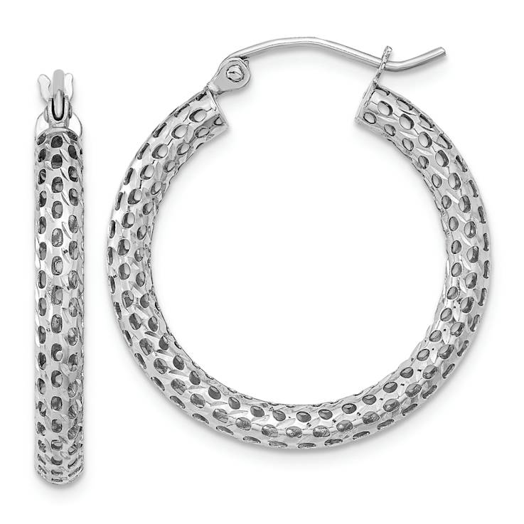 Rhodium Over 14k White Gold Diamond-Cut 1 1/16" Mesh Hoop Earrings