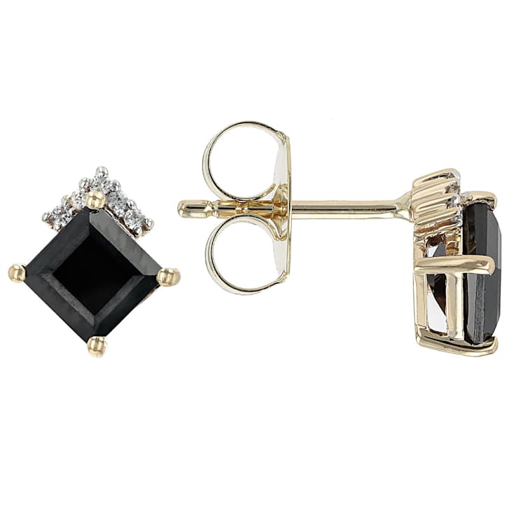 Black Spinel And White Zircon Stud Earrings In Solid 10K Yellow Gold 1.66ctw