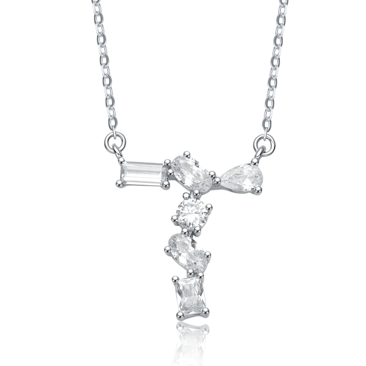 Initial T Mixed Cut CZ Pendant Necklace In Sterling Silver 18 Inch