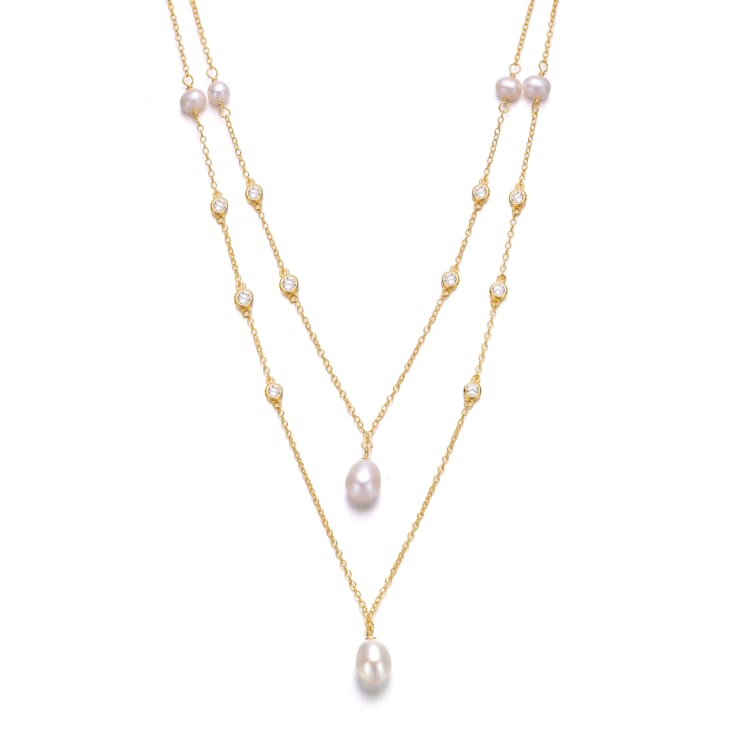 Pear Shape Freshwater Pearl Layered Necklace In 14K Gold Over Sterling Silver