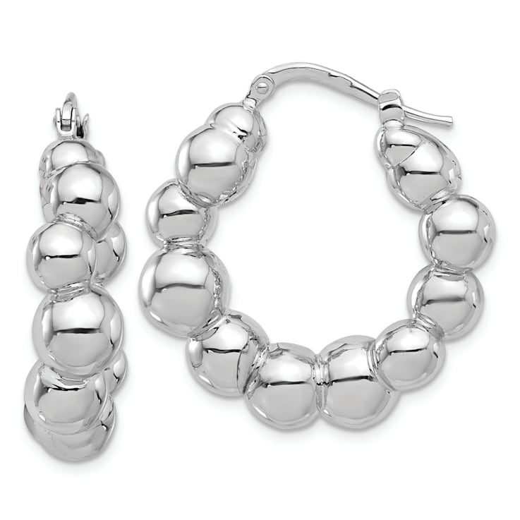 Rhodium Over Sterling Silver Polished Bead Hoop Earrings