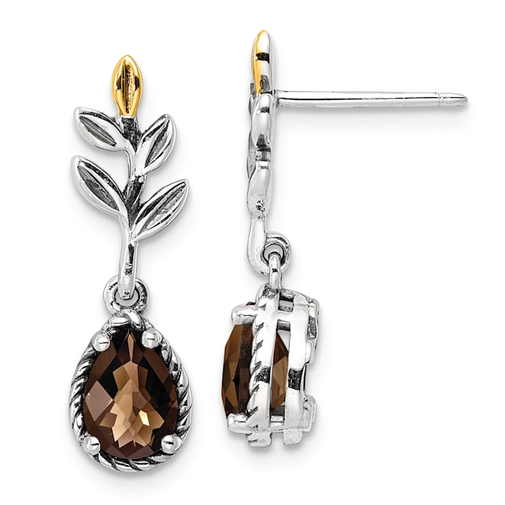 Sterling Silver Antiqued with 14K Accent Leaf Smoky Quartz Dangle Post Earrings