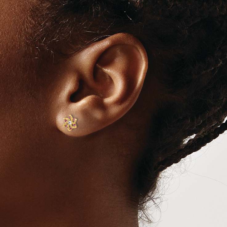 14k Yellow Gold Polished Red and White Cubic Zirconia 6.5mm Flower Stud Earrings