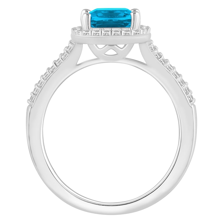 7mm Cushion Blue Topaz 1/4 ctw Diamond Rhodium Over Sterling Silver Halo Ring