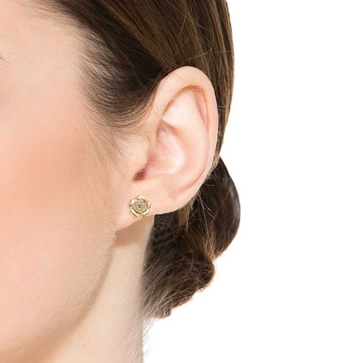 Pave CZ Flower Stud Earrings In 14K Gold Over Brass