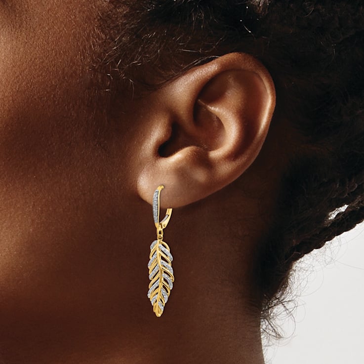 14k Yellow Gold and Rhodium Over 14k Yellow Gold Diamond Fancy Feather
Dangle Earrings