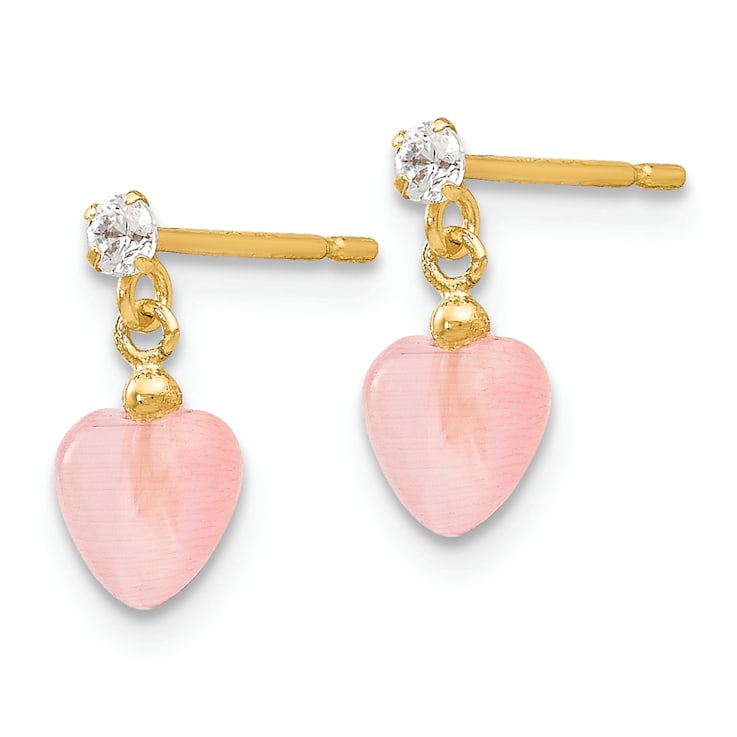 14k Yellow Gold Heart Shape Pink Opal Simulant and Cubic Zirconia Dangle
Post Earrings