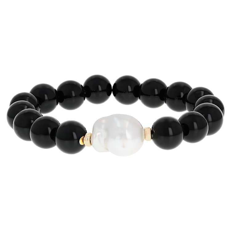Cultured Freshwater Pearl And Black Agate Stretch Bracelet In Solid 14K
Yellow Gold 12mm
