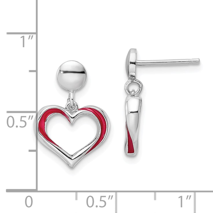 Rhodium Over Sterling Silver Red Enamel Open Heart Dangle Earrings