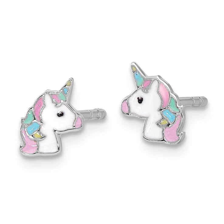 Rhodium Over Sterling Silver Enamel Unicorn Children's Post Earrings