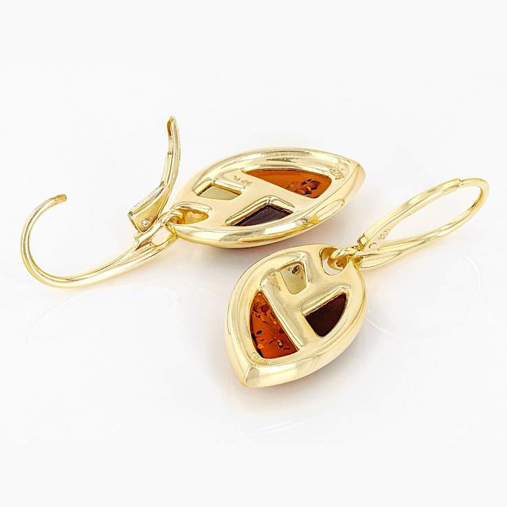 Amber Inlay Dangle Earrings In 18K Gold Over Sterling Silver 13x7mm