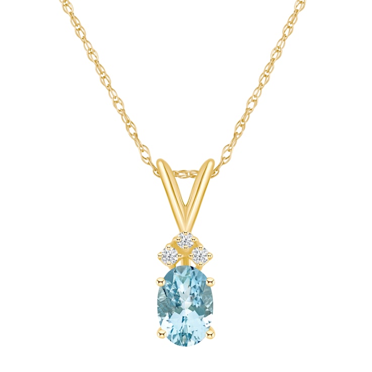 7x5mm Oval Aquamarine with Diamond Accents 14k Yellow Gold Pendant With Chain