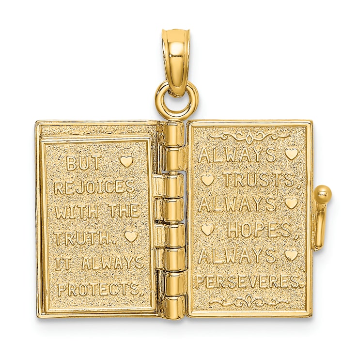14k Yellow Gold 3D Moveable Brushed and Textured LOVE Book Pendant with
Enameled Flower