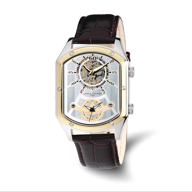 Charles Hubert Men's Two-tone IP-plated Leather 38x46mm Dual Time Watch