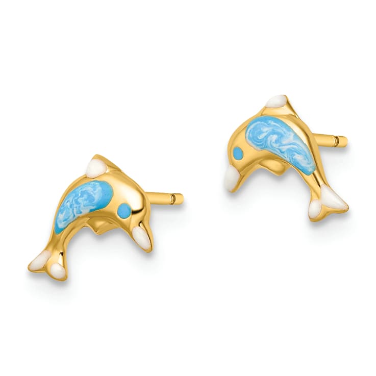 14k Yellow Gold Children's Polished Blue and White Enameled Dolphin Stud Earrings
