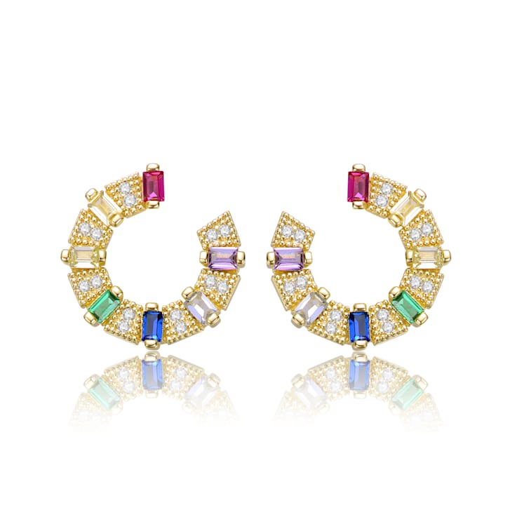 Multi-Color CZ Front-Facing C-Hoop Earrings In 14K Gold Over Sterling Silver