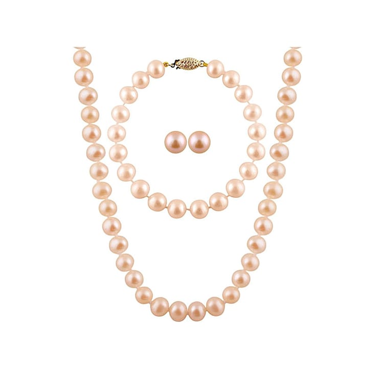 7-7.5mm Pink Cultured Freshwater Pearl 14k Yellow Gold Jewelry Set