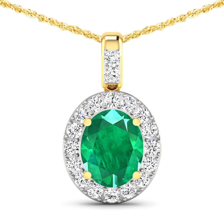 2.15ctw 14K Yellow Gold Zambian Emerald and White Diamond Pendant with
18 inch Cable Chain