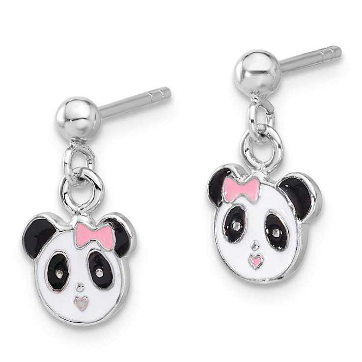 Rhodium Over Sterling Silver Enameled Panda Children's Post Dangle Earrings