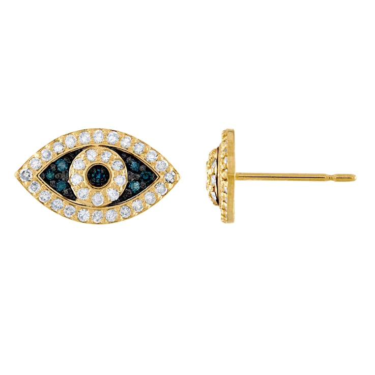 Blue And White Diamond 10K Yellow Gold Evil Eye Earrings 0.40ctw