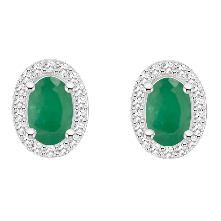 6x4mm Oval Emerald 1/6 ctw Diamond Rhodium Over Sterling Silver Halo
Stud Earrings