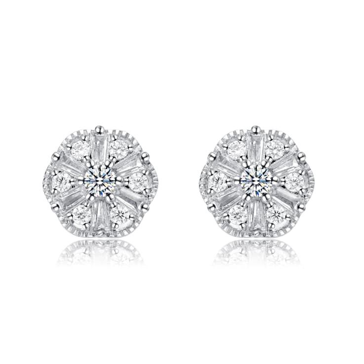 Vintage Pinwheel CZ Cluster Stud Earrings In White Rhodium Over Brass