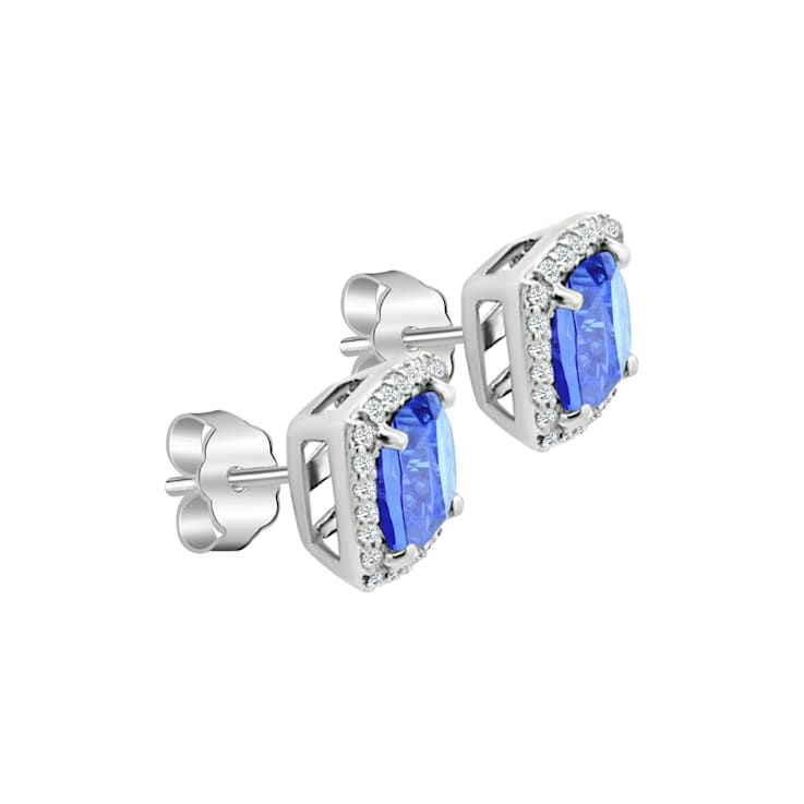 14K White Gold Square Cushion Tanzanite and Diamond Earrings 2.87ctw